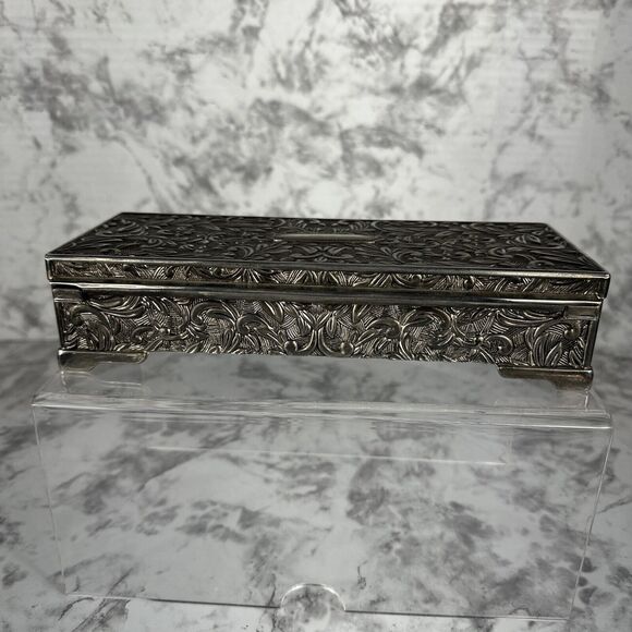 Vintage 1992 Godinger Silver Jewelry Box 9" X 3-7/8" Floral Vine High Relief - Picture 7 of 10